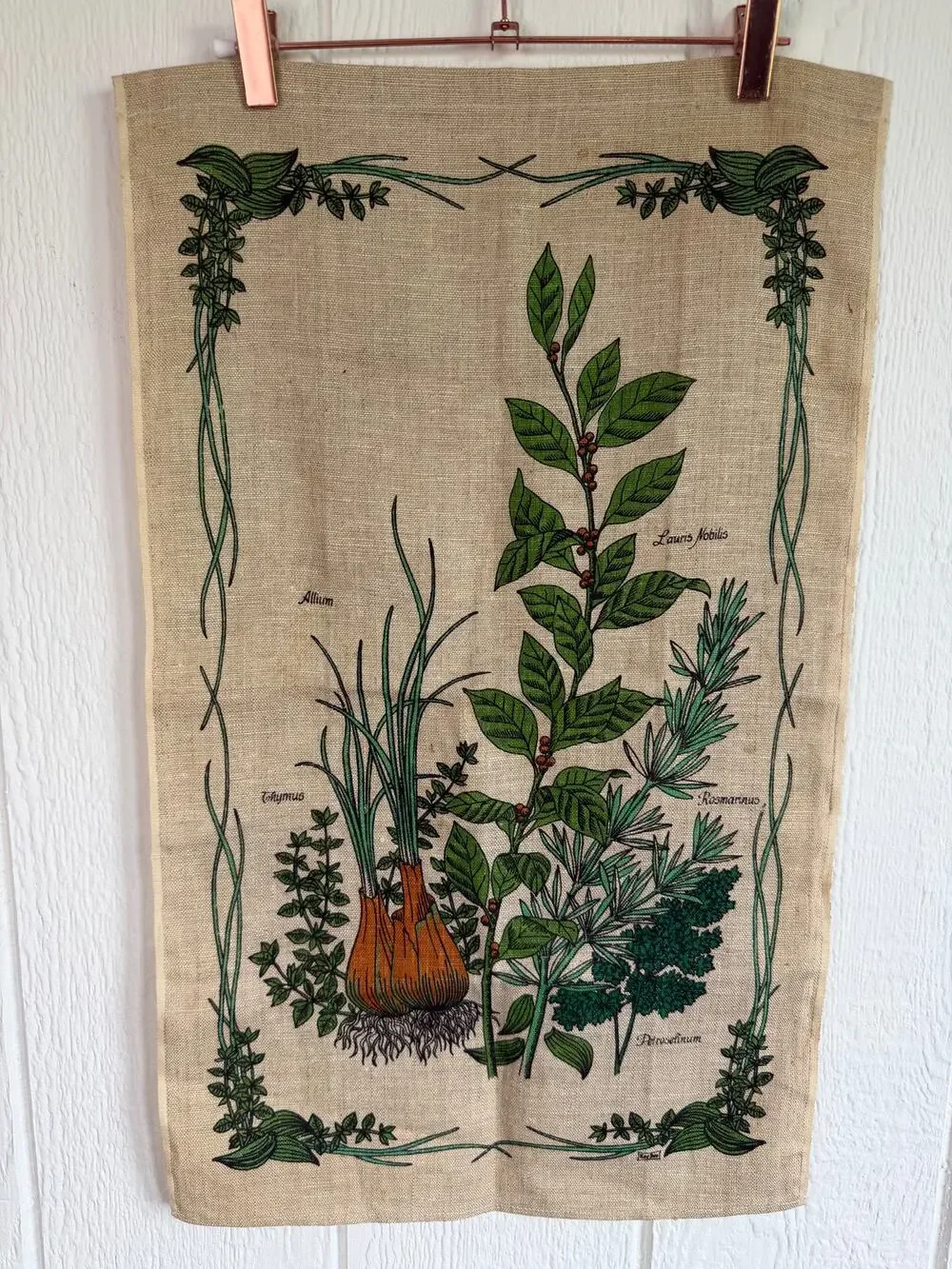 Vintage Botanical Herbs Linen Tea Towel Kitchen Wall Hanging Bay Rosemary Thyme